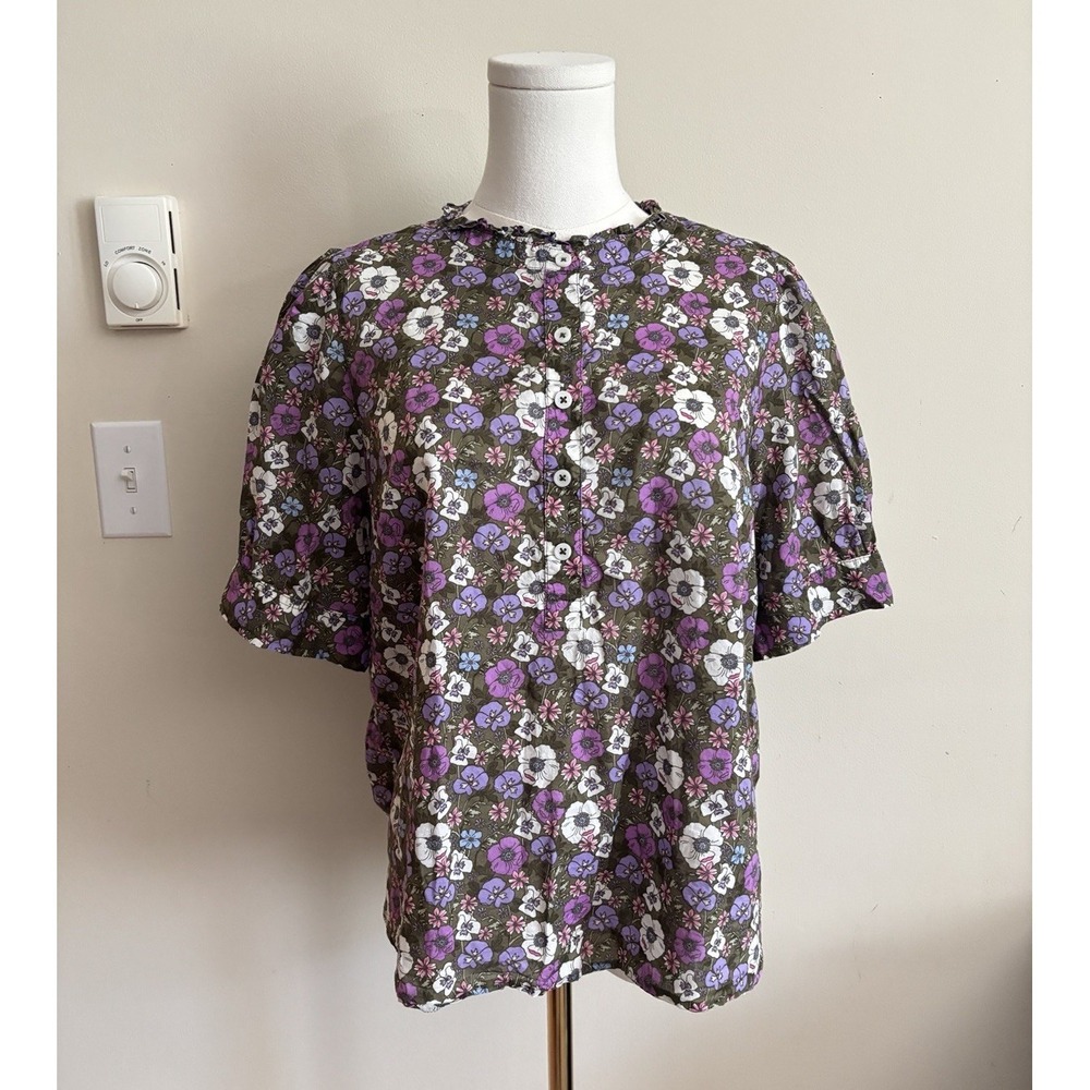 Talbots Petites Large Popover Floral Blouse Short Sleeve Green Purple Cotton